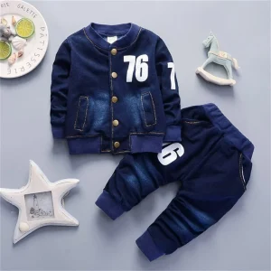 toddler boy printed coat+elastic jeans suit